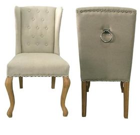 ซื้อ Natural oak wood frame with metal ring at back  linen fabric wooden dining chair การผลิตออนไลน์