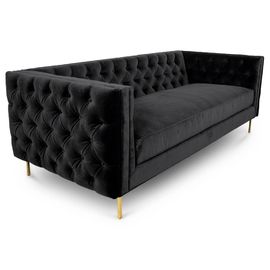 ราคาดี Black velvet fabric button tufted 3 seat sofa with 4 golden brass metal leg for wedding,living room rental sofa ออนไลน์