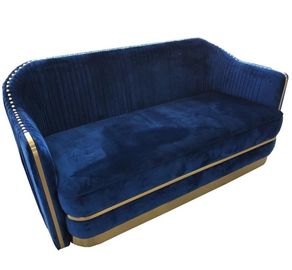 ราคาดี Hot sale luxuty blue velvet gold metal base fabric chesterfield sofa with gold neilheads for living room or meeting room ออนไลน์