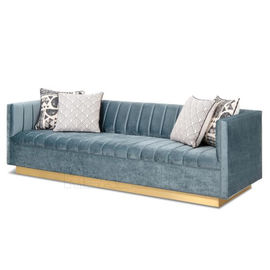ราคาดี Modern Living Room Blue Velvet Fabric Sofa Stainless Steel Golden Brushed Manhattan Sofa With Wide Channel Tufting with ออนไลน์